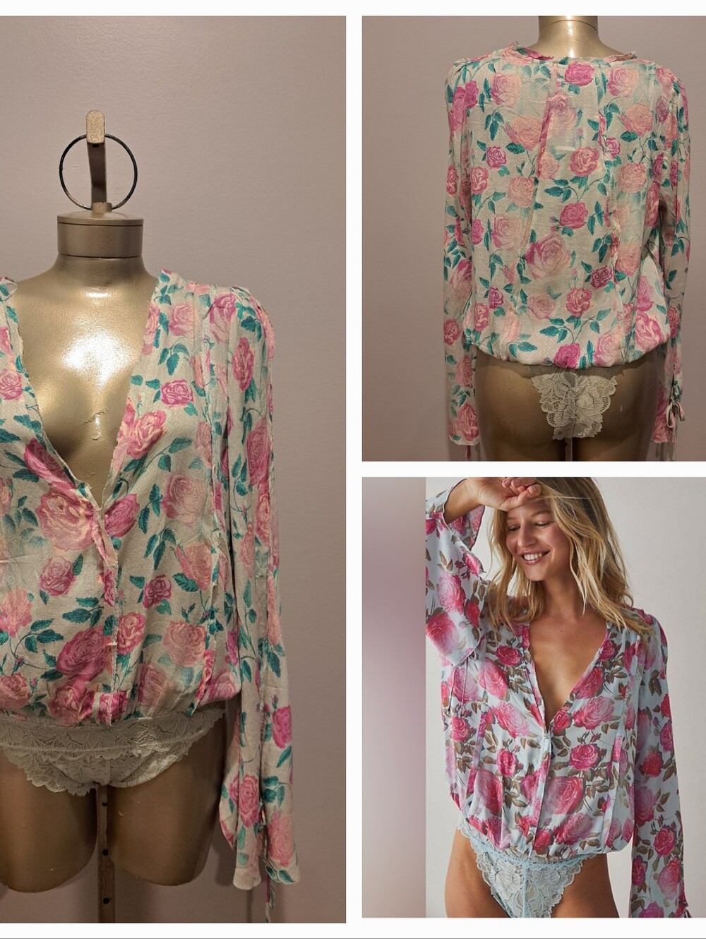 Free People Intimately Everything Rosey Pink And Green Floral And Lace BodySuit